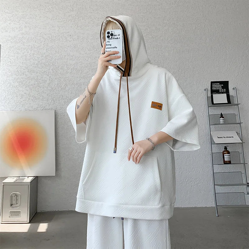 Support Customization of One Item Summer Short Sleeved Hooded T-shirt Set, Casual and Trendy Plus Size Men's Two-piece Set