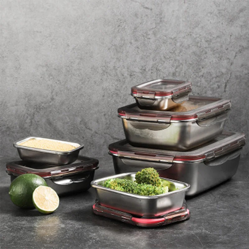 4Pcs/Set 304 Stainless Steel Lunch Box Microwave Heating Bento Box Fruit Food Sauce Fresh-keeping Box Refrigerator Container Box