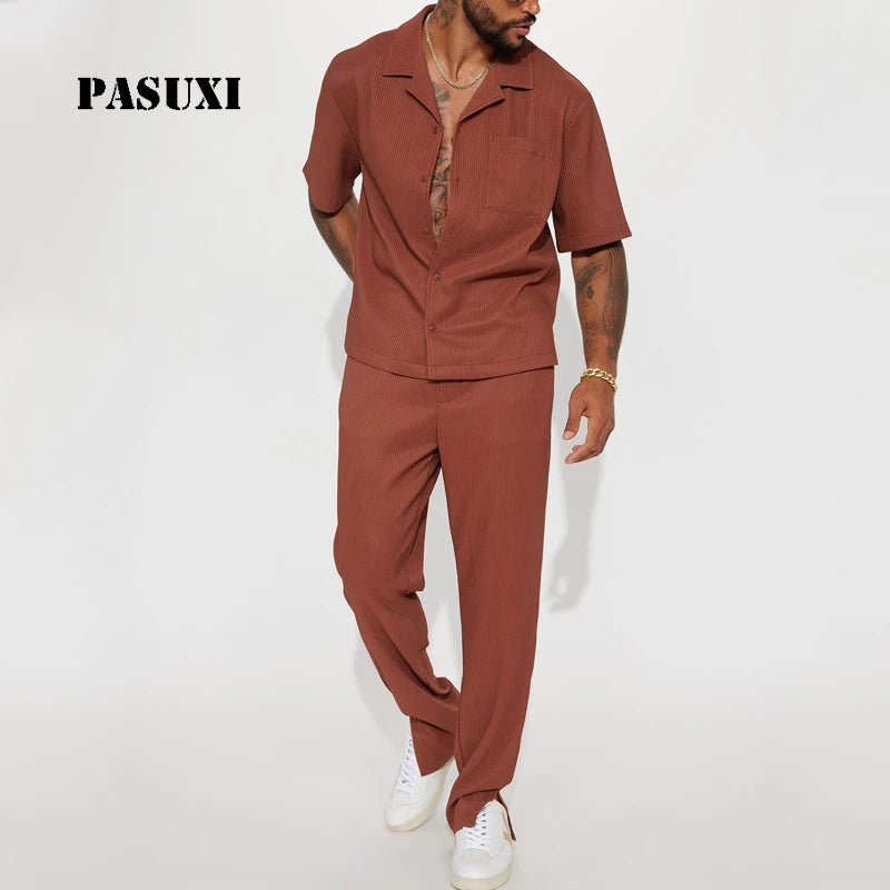 PASUXI Mens Set Tracksuit Summer Zip Short Sleeve Tshirt Mens Outfits Fashion Men Sweatsuit 2 Piece Set