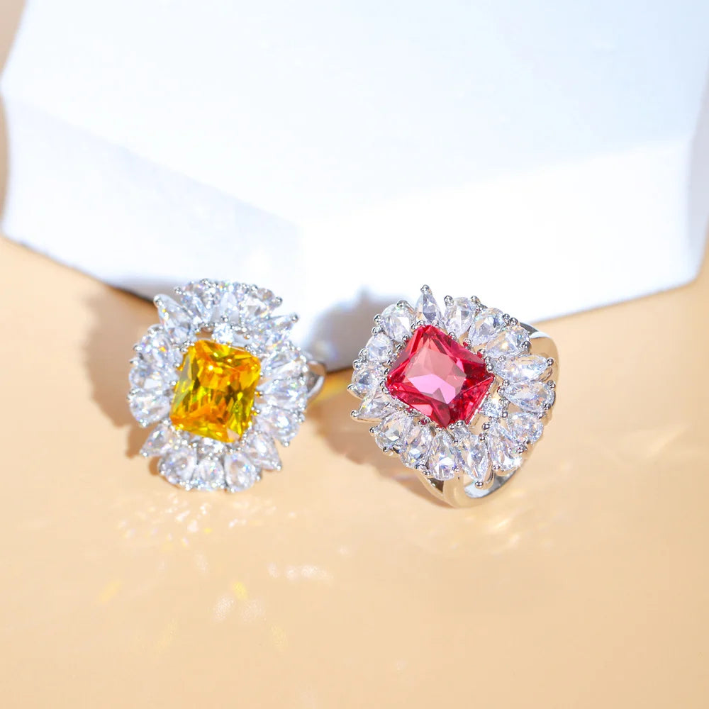 Exquisite Bling Red Cubic Zirconia Luxury Engagement Party Jewelry Big Sun Flower Finger Open Cuff Rings for Women