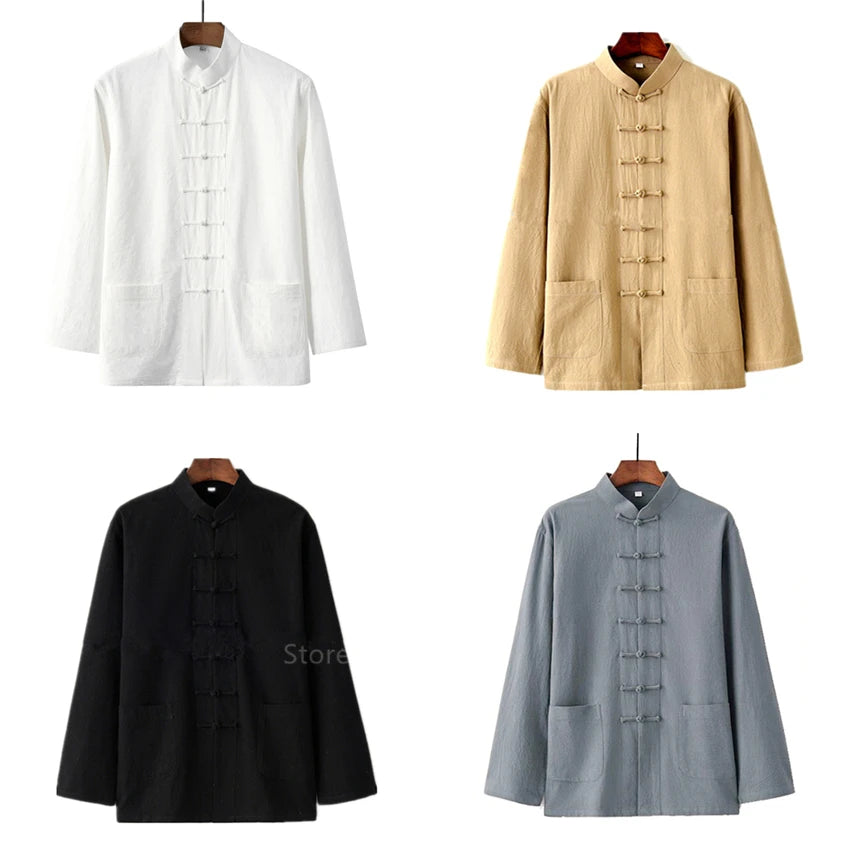 Traditional Chinese Style New Year Hanfu Men Tops Kung Fu Solid Linen Tai Chi Wushu Outfit Vintage China Shirt Clothing