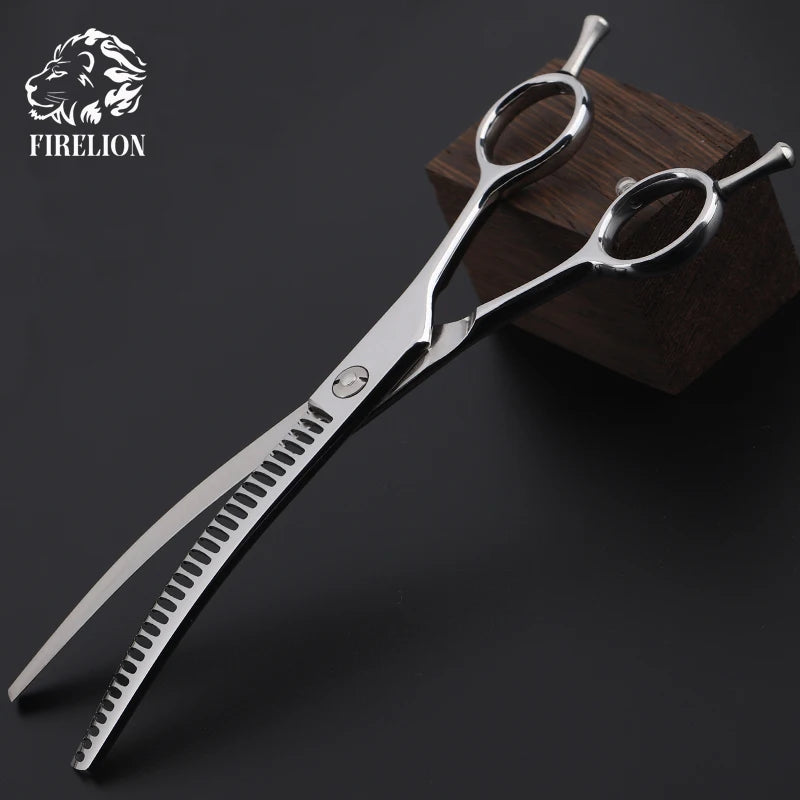 FIRELION 7.5 Inch High Quality Profession Pet Grooming Scissors Dog Chunker Shark Teeth Curved Thinning Scissors