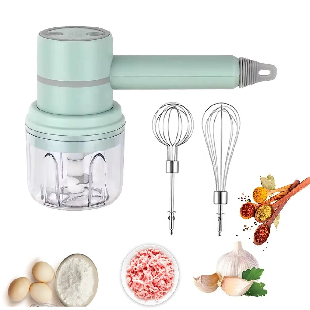 USB Rechargeable 3-in-1 Mini Portable Electric Kitchen Hand Mixer Wireless Garlic Chopper Cordless Whisk for Car Cordless