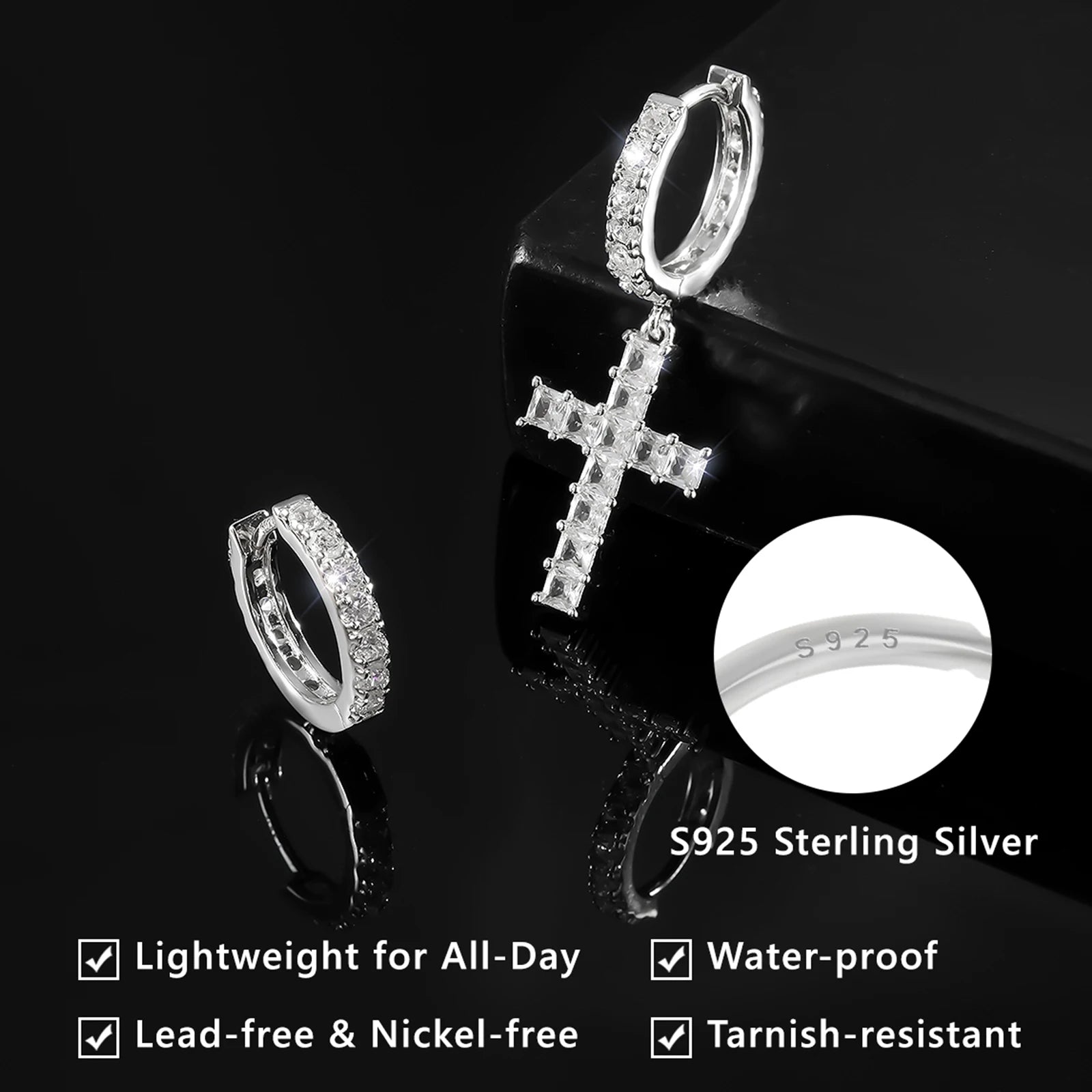 14K Gold Plated Dangle Cross Earring 925 Sterling Silver Women Men Birthday Gift CHRISTIAN 5A CZ Cubic Zirconia Hoop Earring