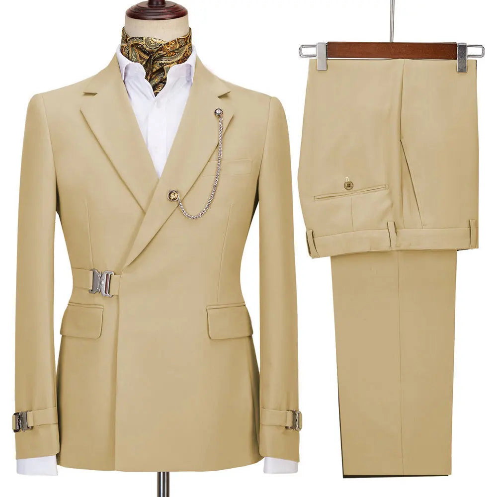 XS-5XL Men's Autumn and Winter Personalized Buckle Design Suit Fashion Business Casual Suit Set Two Piece