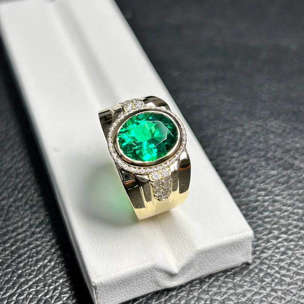 18K Solid Yellow Gold Rings 4 CTS 9.5x11.5mm Lab Green Oval Cut Emerald Gemstone Mens Ring