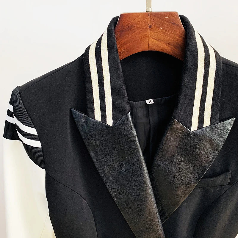 HIGH STREET New Fashion 2026 Classic Varsity Jacket Women's Lion Buttons Double Breasted Leather Sleeve Patchwork Blazer