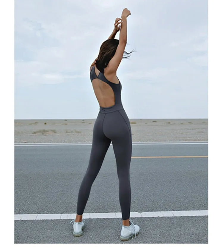 Sexy Back Hollow Women Aerial Yoga Sport Suit Fitness Jumpsuit With Pad Women High Elasticity Gym Dance Training Athletic Suit