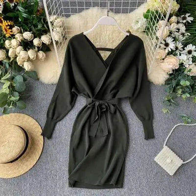 Autumn Winter Women Knitted Sweater Dress Korean Long Batwing Sleeve V Neck Elegant Dress Ladies Bandage Dresses