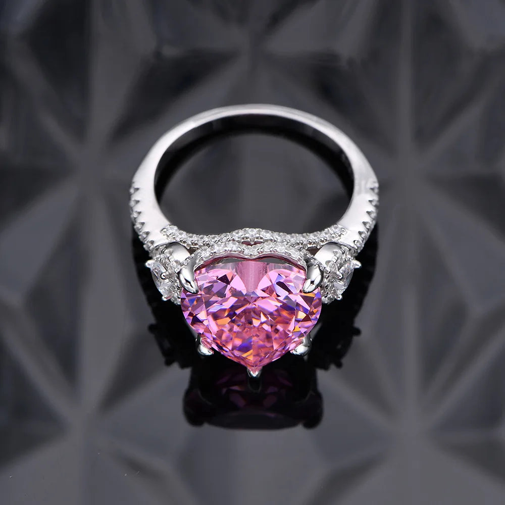 Fashion S925 Sterling Silver 12*12mm Heart Shape Stone Cz Cubic Zirconia Luxury Wedding White pink Diamond Rings for Women