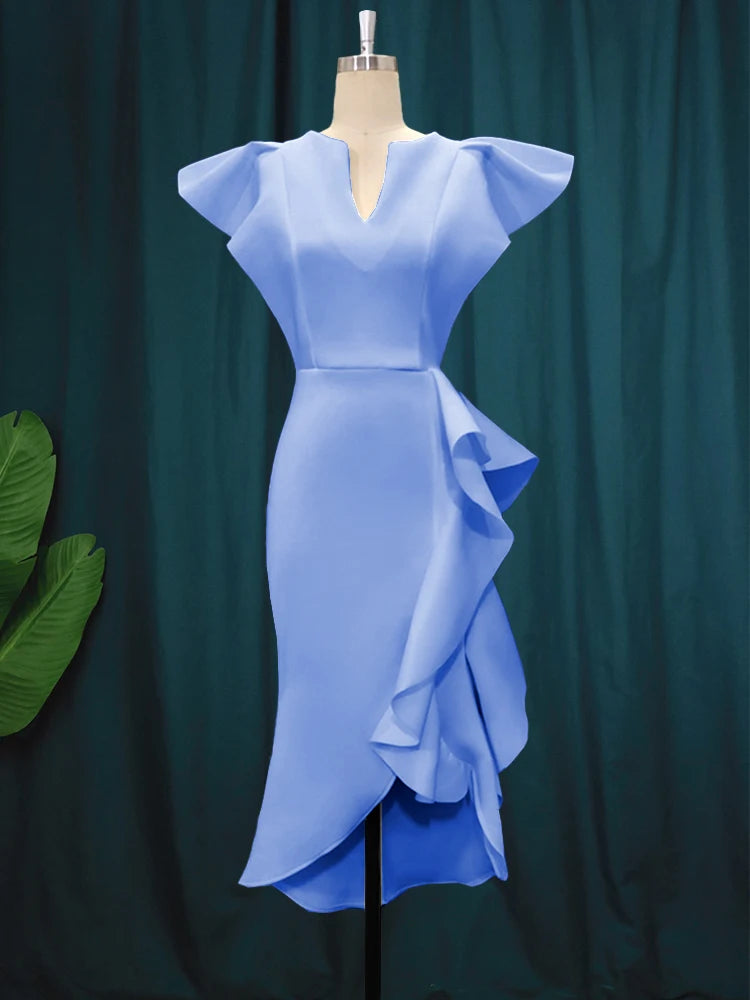 A80081 Manufacturer High Waisted Cap Sleeve Ruffles Midi Evening Dress Women