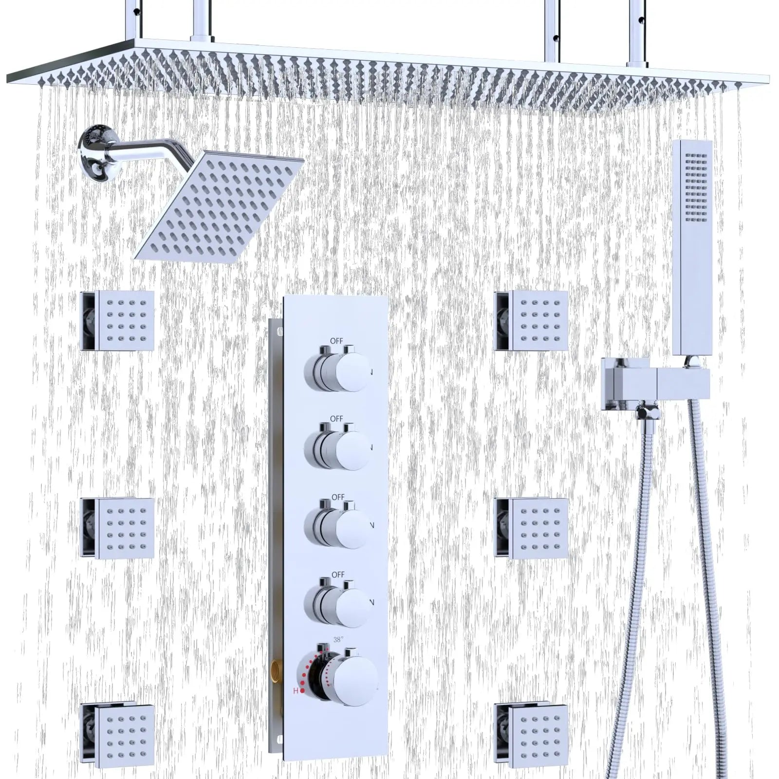 Chrome Brass Modern Style Apartment Bathroom Shower System 6-Piece Handheld Body Jets Dual Shower Heads Soft Rain Spray Massage