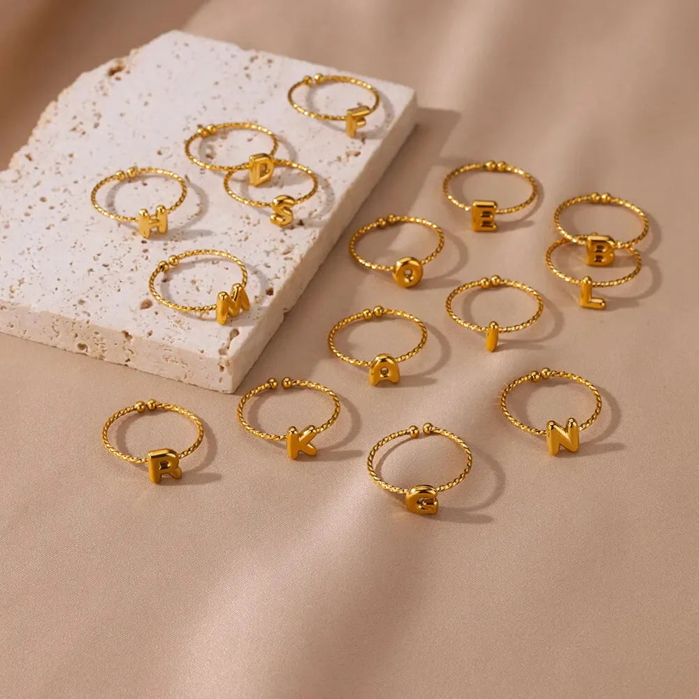 Waterproof 18K Gold Plated Stainless Steel Jewelry Open Adjustable Ring A-Z 26 English Letters Finger Rings for Women Ring