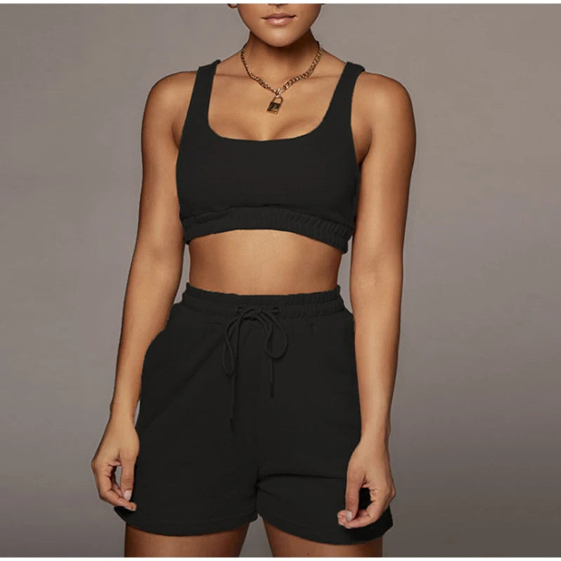 New Fashion Summer Two Piece Set Crop Top Solid Sportswear  Women Elasticity Matching Shorts Athleisure Casual Sets Outfits 2021