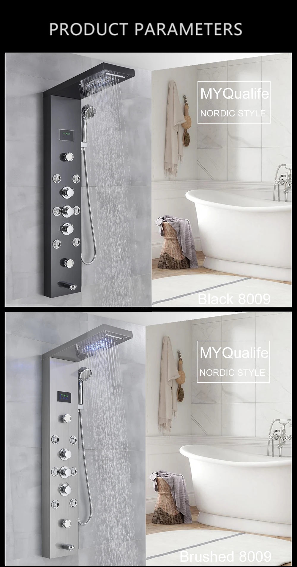 LED Shower Panel Waterfall Rain Digital Display Shower Faucet Set SPA Massage Jet Bathroom Column Mixer Tap Tower System