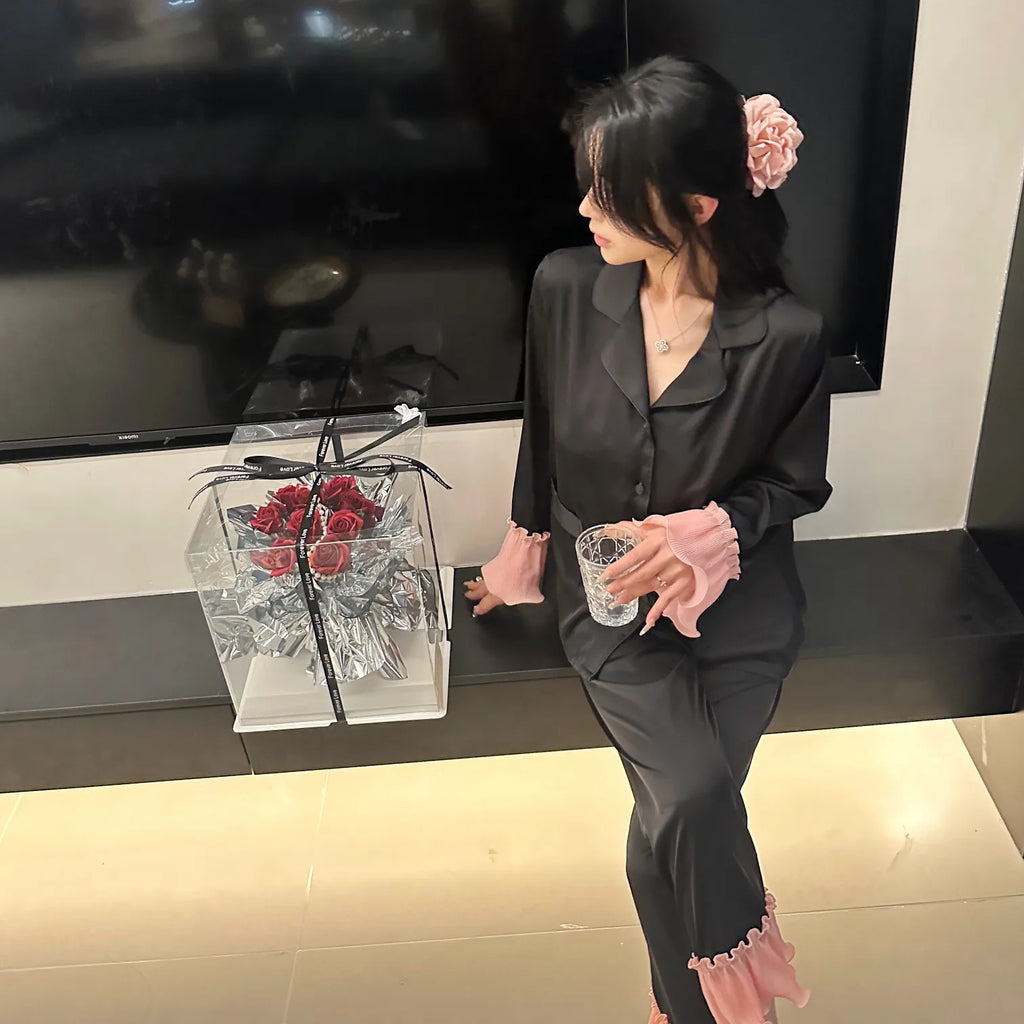 New Women Long-sleeved Pajamas Spring and Autumn Silk Lapel Nightwear Solid Color Stitching Fashion Sleepwear Factory Wholesale