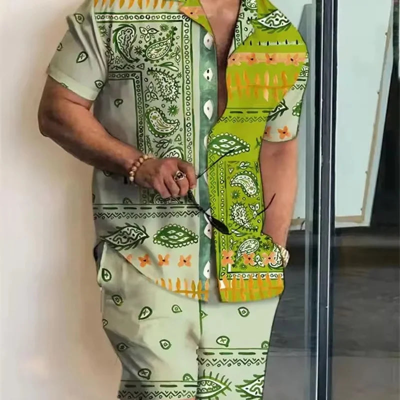 New Men Sets Print Patchwork Lapel Short Sleeve Casual Shirt Beach Shorts Summer Men Streetwear Vacation Hawaiian Suits
