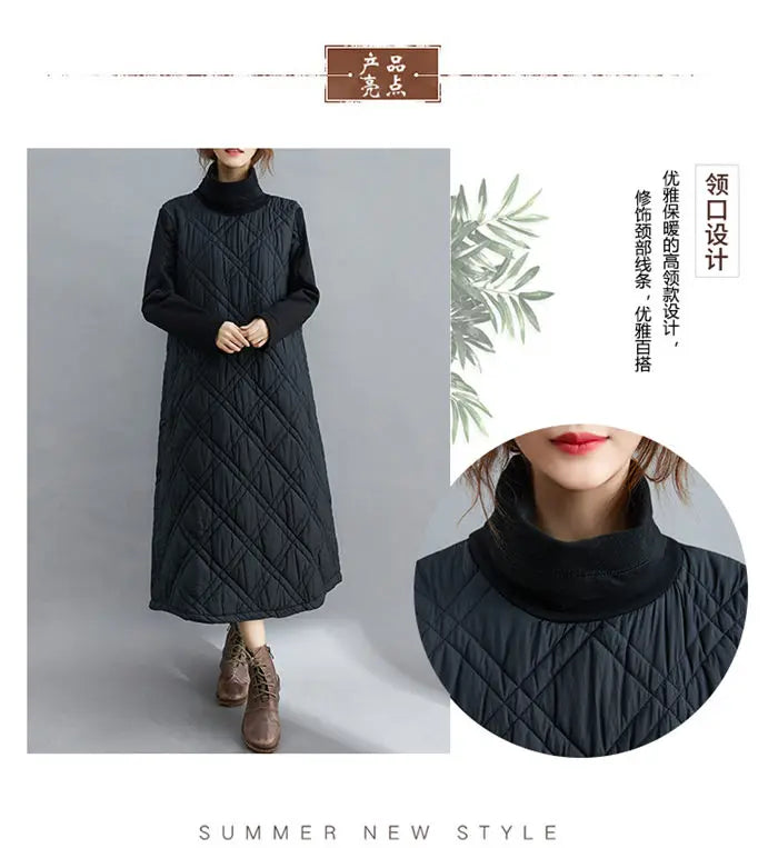 Retro Quilted Diamond Dress Thick Stitching Warm Autumn Winter Clothing New Women's High-Neck Casual Long Tunic y750
