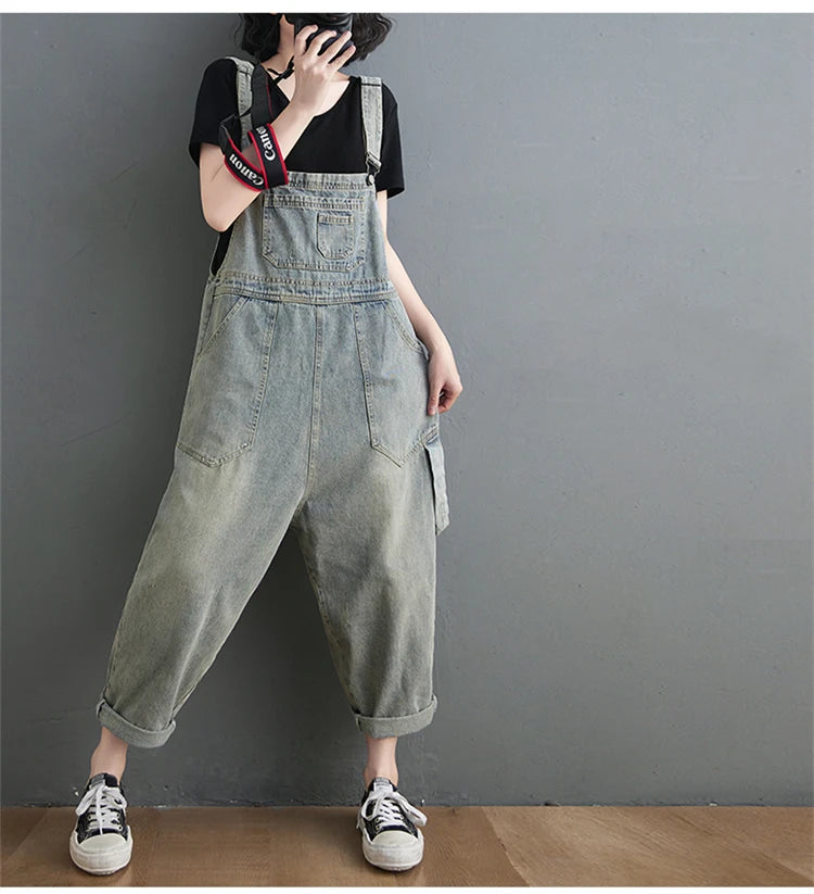 Boyfriend Loose Jeans Overalls For Women Casual Plus Size Wide Leg Denim Jumpsuit Straps Baggy Cargo Pants Big Pockets Dungarees