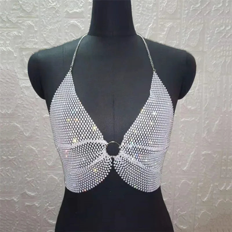 Sexy Rhinestones Fishnet Party Crystal Deep V Crop Top Rhinestone Chainmail Halter Draped Bra Ladies Club Crop Top