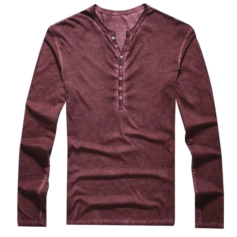 Men Tee Shirt V-neck Long Sleeve Tee&Tops Stylish Buttons T-shirt 2026 Autumn Casual Henley shirt Solid Male Clothing 5XL