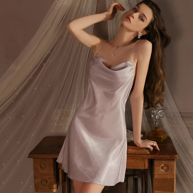 Swdplus-size Pajamas Swing Neck Sexy Backless Seductive Ice Silk Halter Nightdress Women's Home Wear