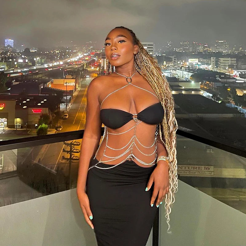 Hugcitar Pure Color Chain Halter Bandage Sleeveless Backless Revealing Slim Maxi Dress Fall Women Fashion Elegant Party Y2K