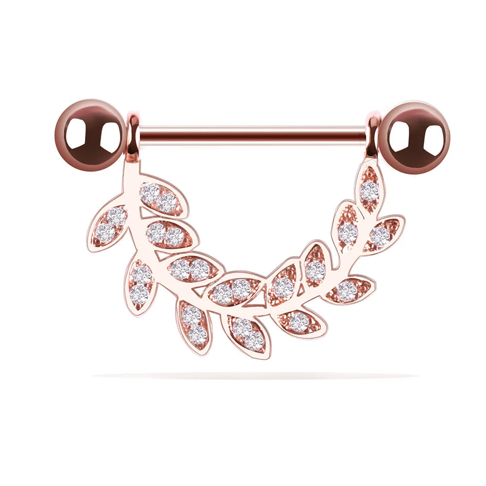 Trendy Nipple Rings 14 G Body Jewelry Piercing Shiny Tongue Nose Ring Barbell Leaf Shape Rings Stainless Steel for Women Girls
