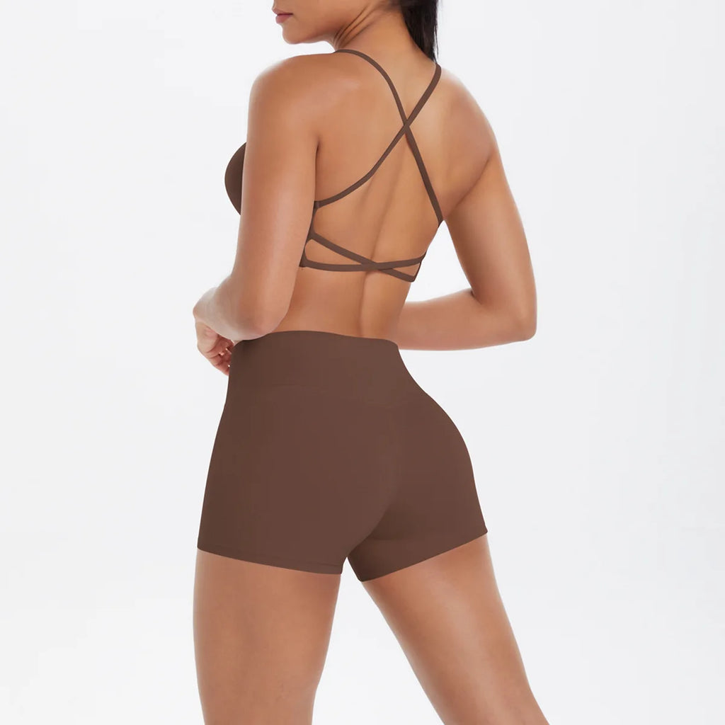 Support Custom Logo New Sports Bra Set Women Cross Back Padded Bra High Waist Butt Lifting Shorts Yoga Gym Running Activewear