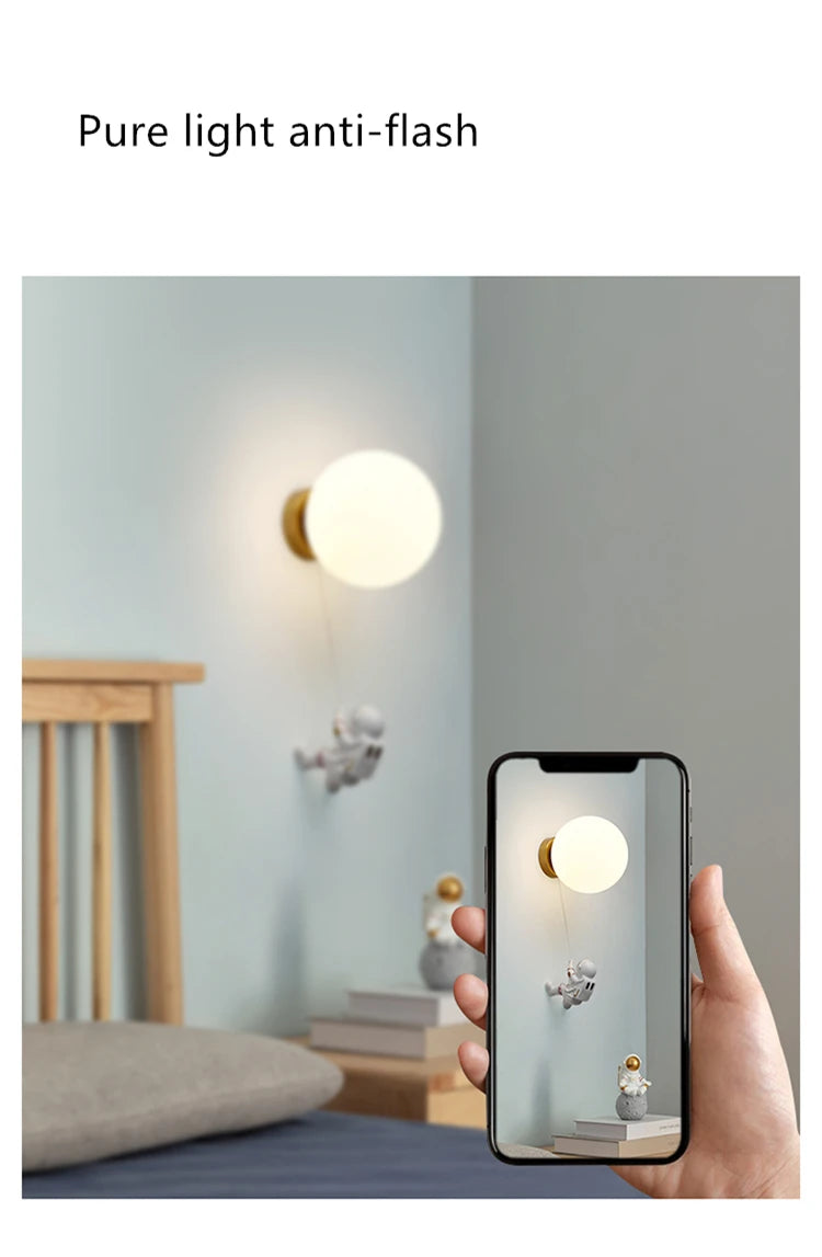 Lunar Wall Lamp Nordic Creative Astronaut Children's Room Lamp Bedroom Bedside Lamp Cartoon Boy Girl Background Wall Lamp
