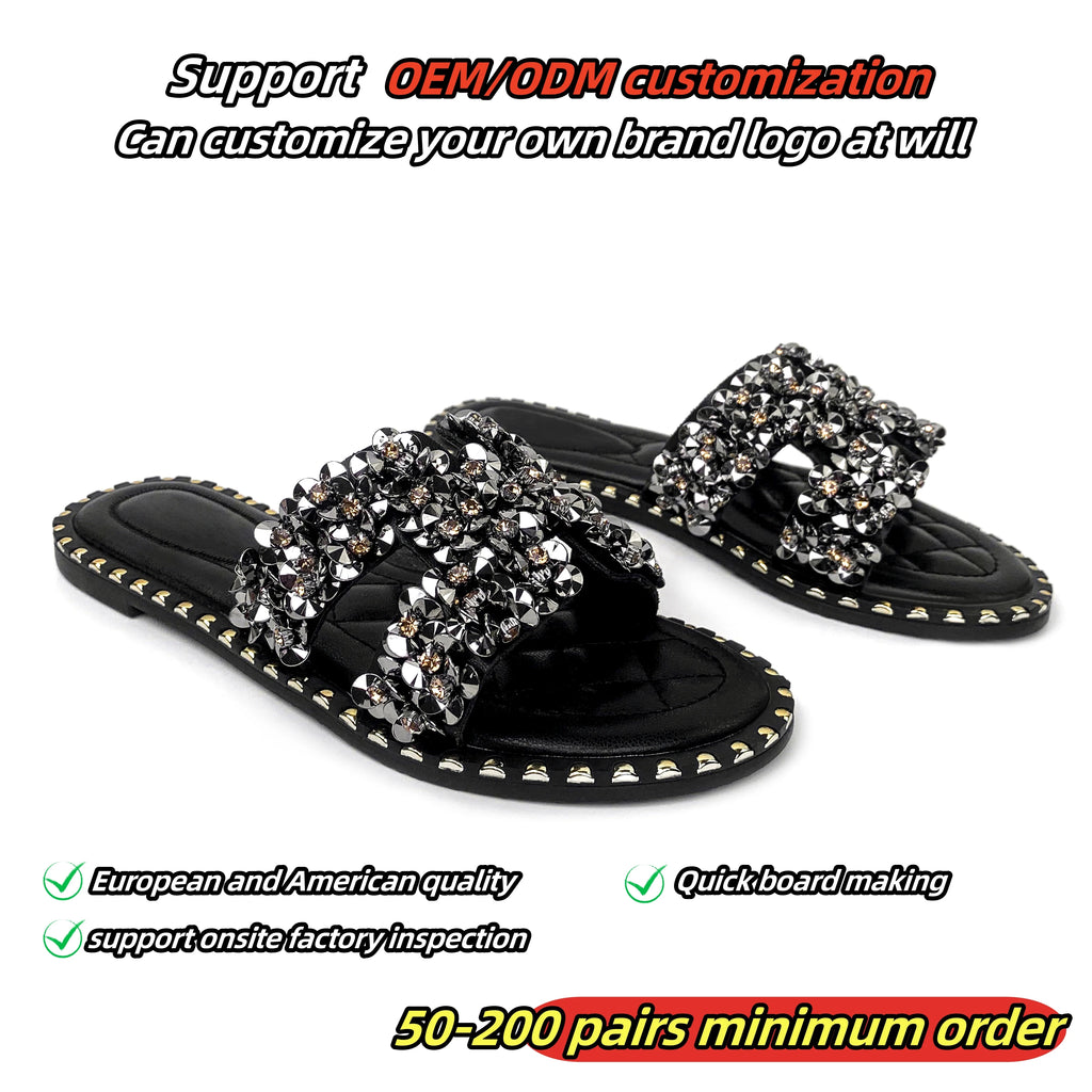 New Wholesale Design Summer square Head Leather European and American Open Toe Flat Shoes Black Womens slippers Sandals