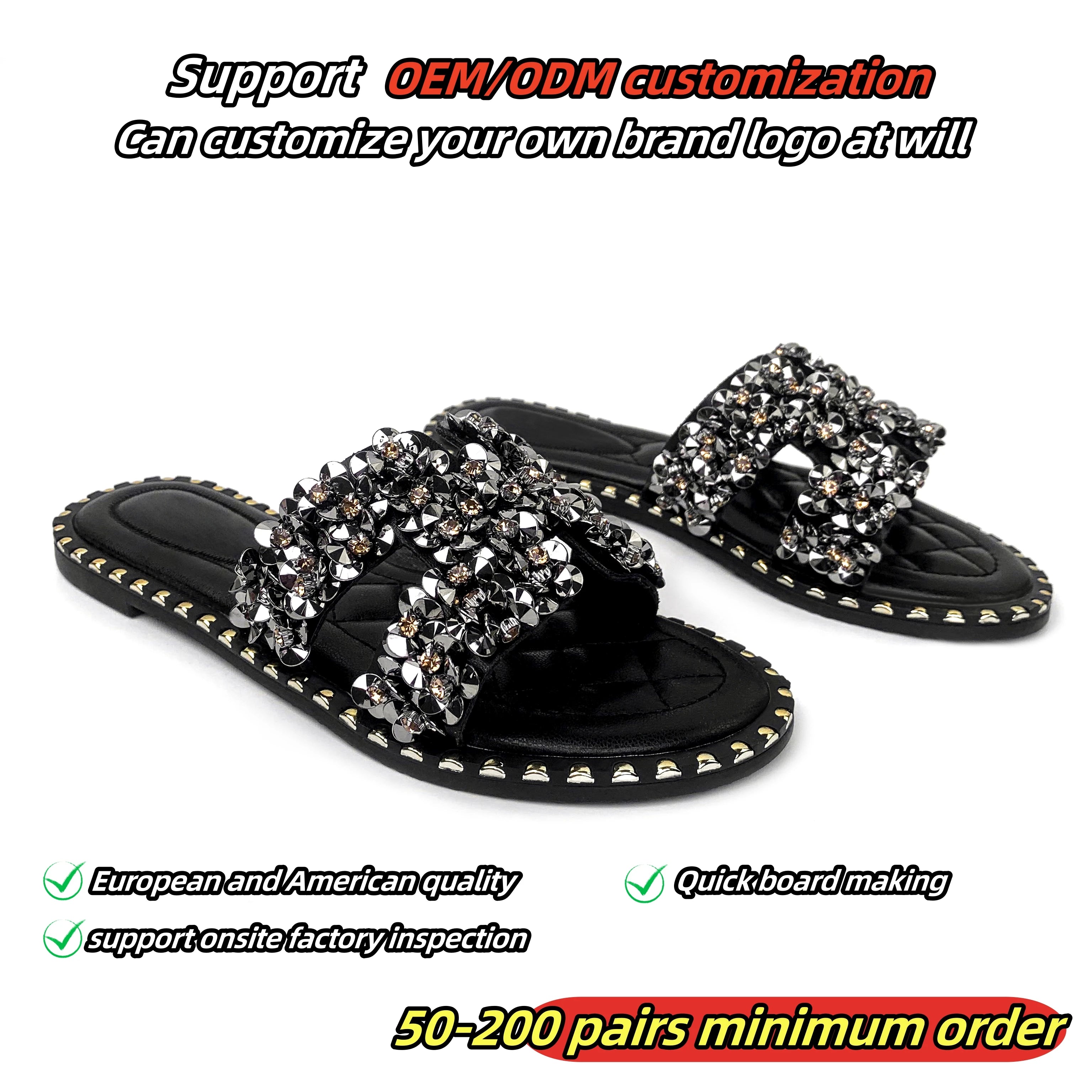 New Wholesale Design Summer square Head Leather European and American Open Toe Flat Shoes Black Womens slippers Sandals
