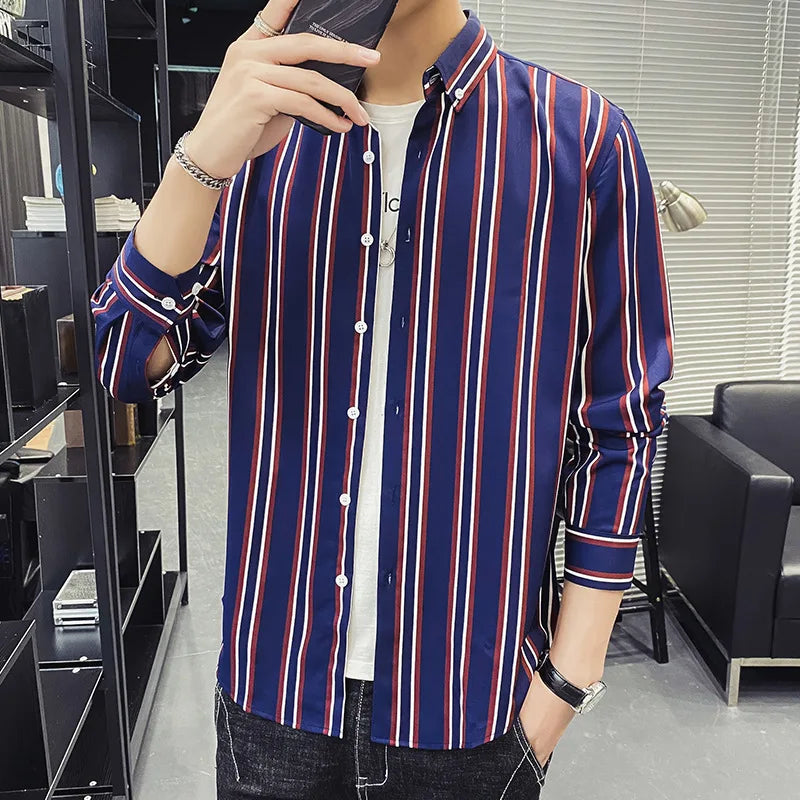 10%OFF M-5XL Korean Version of the New Four Seasons Shirt Youth Men's Business Casual Striped Lapel All-match Top Shirt