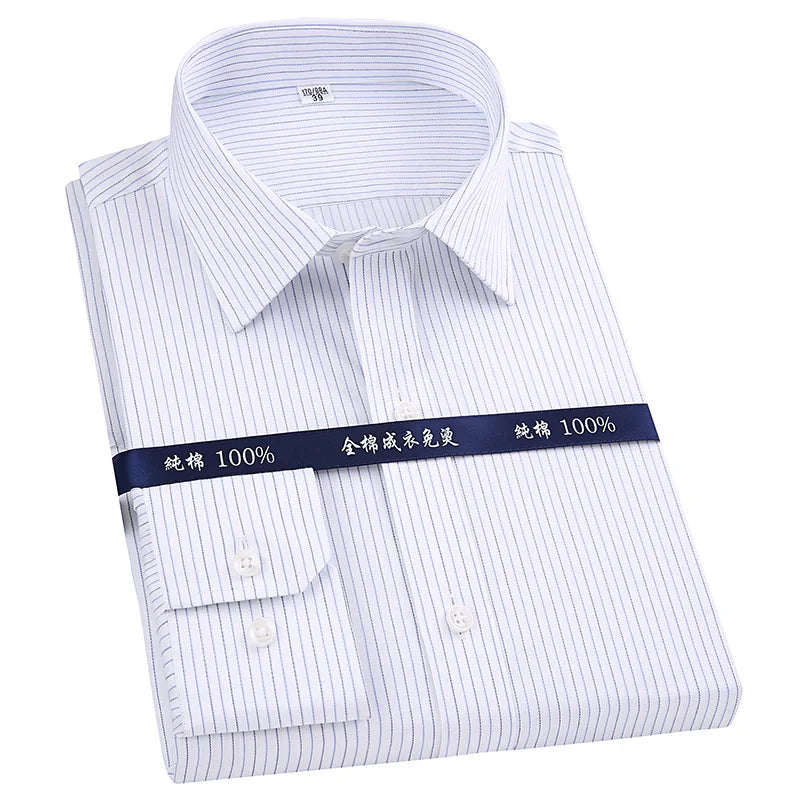 Men's Classic Long Sleeve Striped Dress Shirt Non Iron Regular Formal Business Social Button-up Easy Care Luxury Cotton Shirts