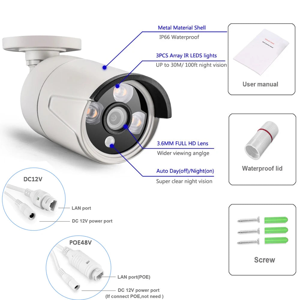 AZISHN 2.8mm Wide Angle 8MP 4K IP Camera Audio Outdoor IP66 H.265 ONVLF Bullet CCTV Array IR 4MP POE Video Surveillance Camera