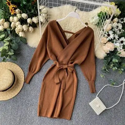 Autumn Winter Women Knitted Sweater Dress Korean Long Batwing Sleeve V Neck Elegant Dress Ladies Bandage Dresses