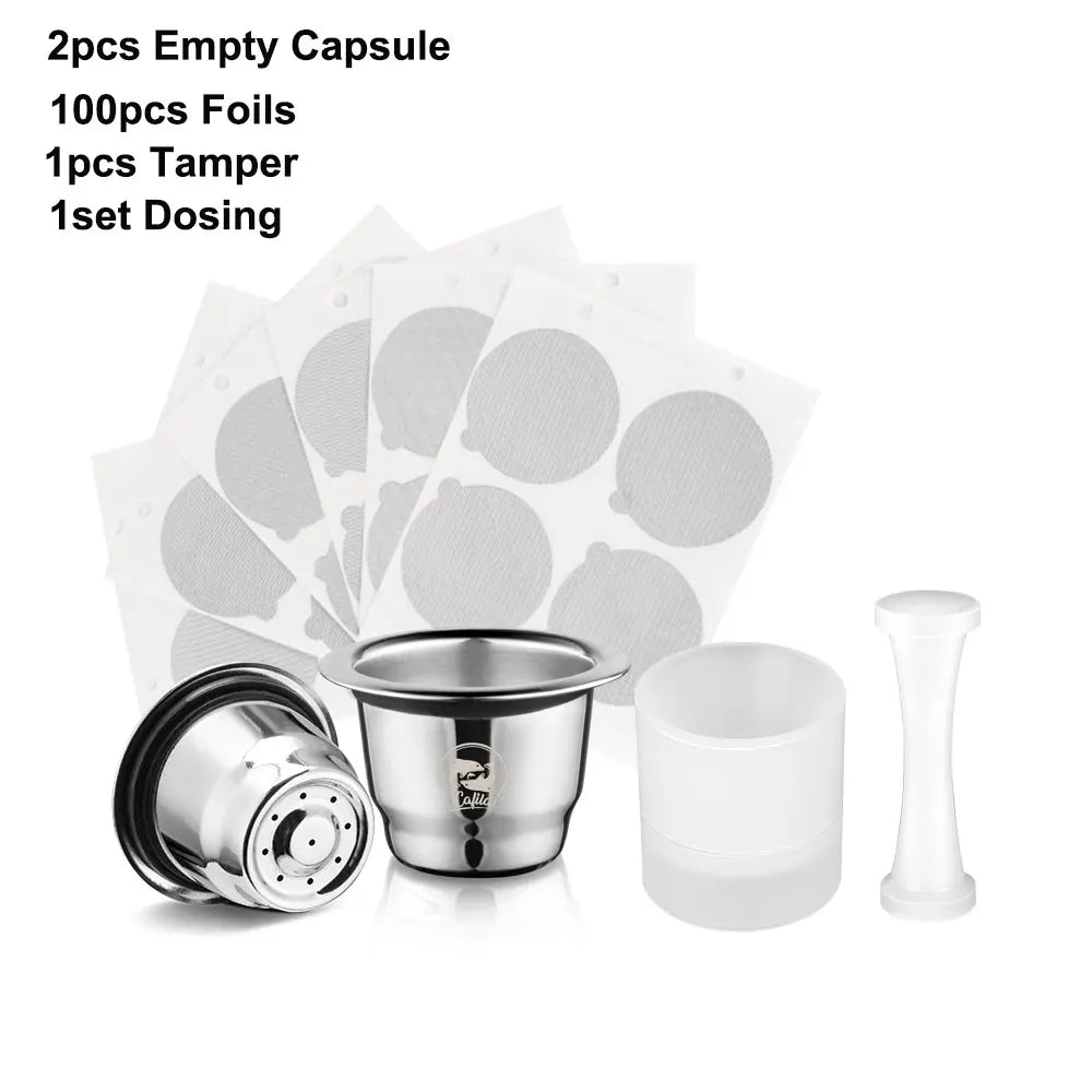 Icafilar Reusable Coffee Capsule Pod for Nespresso Stainless Steel Espresso Crema Coffee Filter Aluminum Foils Lid Tamper Dosing