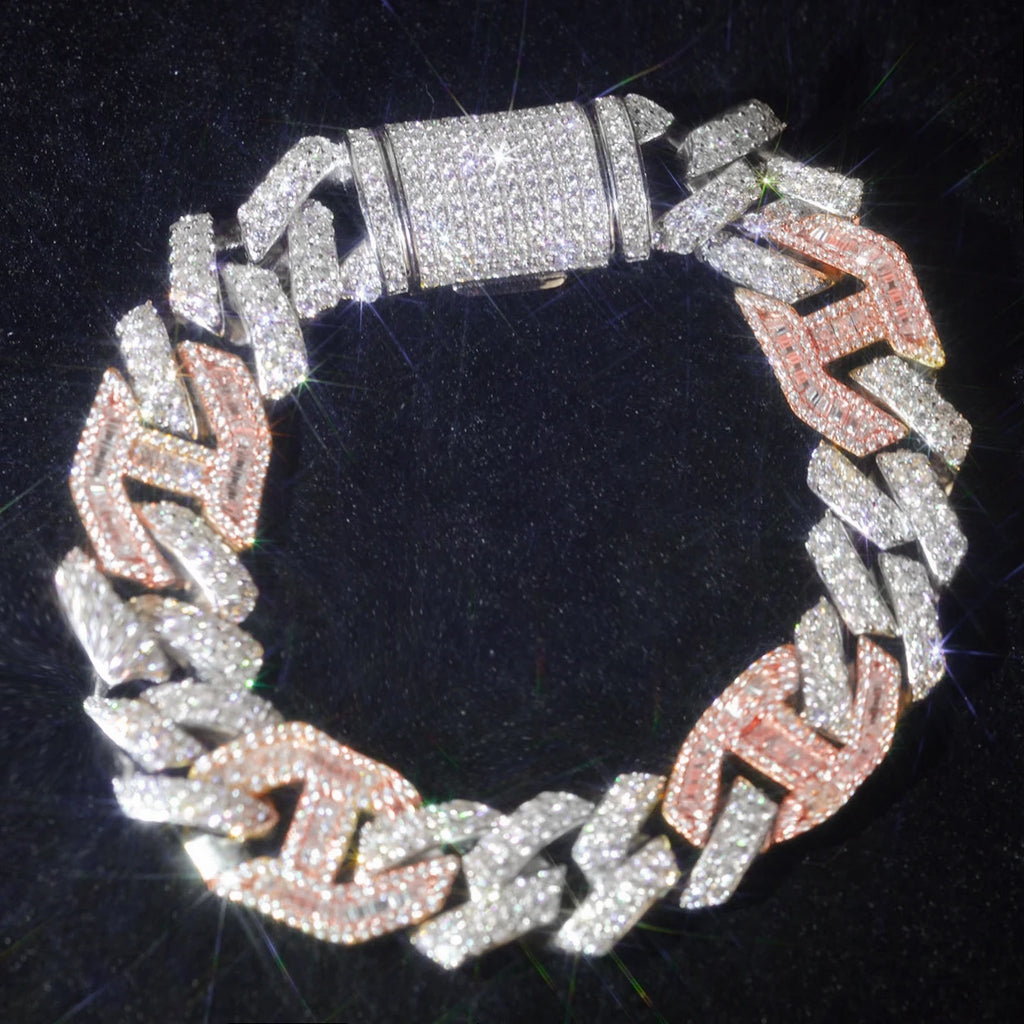 Factory Wholesale Hip Hop 925 Silver 15mm Chain Baguette Moissanite Tow Tones Bracelets Custom Cuban Link Men Jewelry