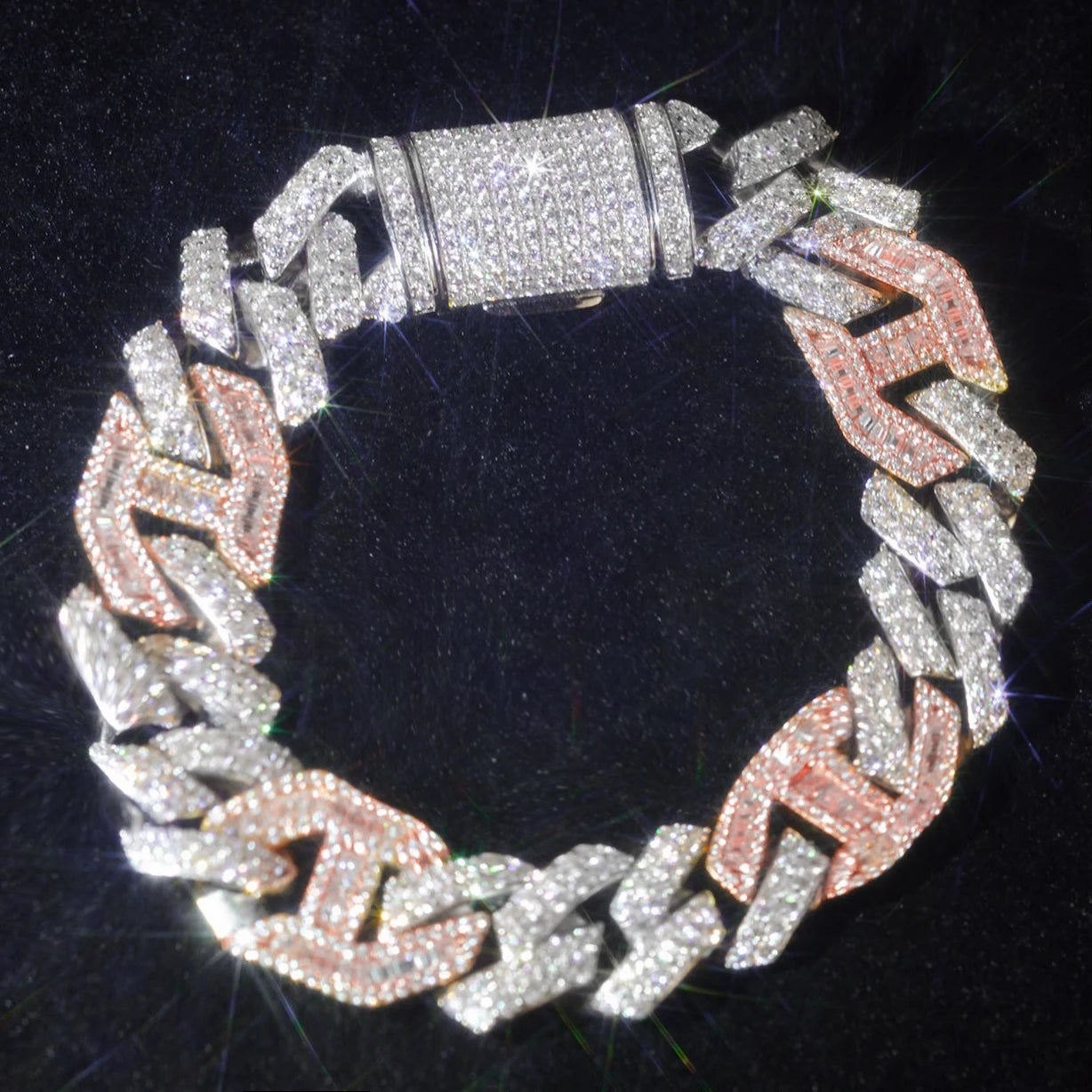 Factory Wholesale Hip Hop 925 Silver 15mm Chain Baguette Moissanite Tow Tones Bracelets Custom Cuban Link Men Jewelry