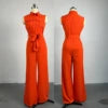 HK7041Fashion Women Jumpsuit Lady Elegant Solid Color Lapel Collar Pocket Sleeveless Lace up Waist Wide Leg Jumpsuit for Women