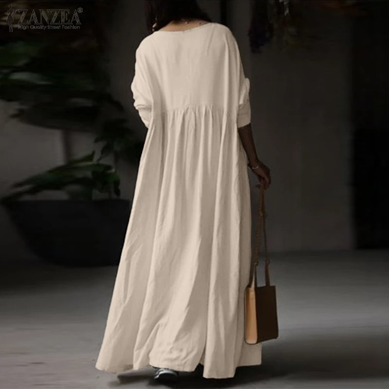 Autumn Women Sundress ZANZEA 2023 Vintage Solid Dresses Female Cotton Robe Casual Long Sleeve Pleated Maxi Vestidos Kaftan