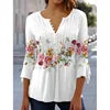 2024 Spring Summer New Fashion Women's Casual Floral Print V-Neck Elegant T-Shirt Full Sleeved Pleated Button T-shirt