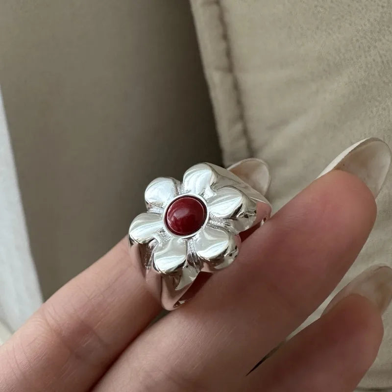 Natural Red Stone 925 Sterling Silver Big Flower Shape Adjustable Rings for Women