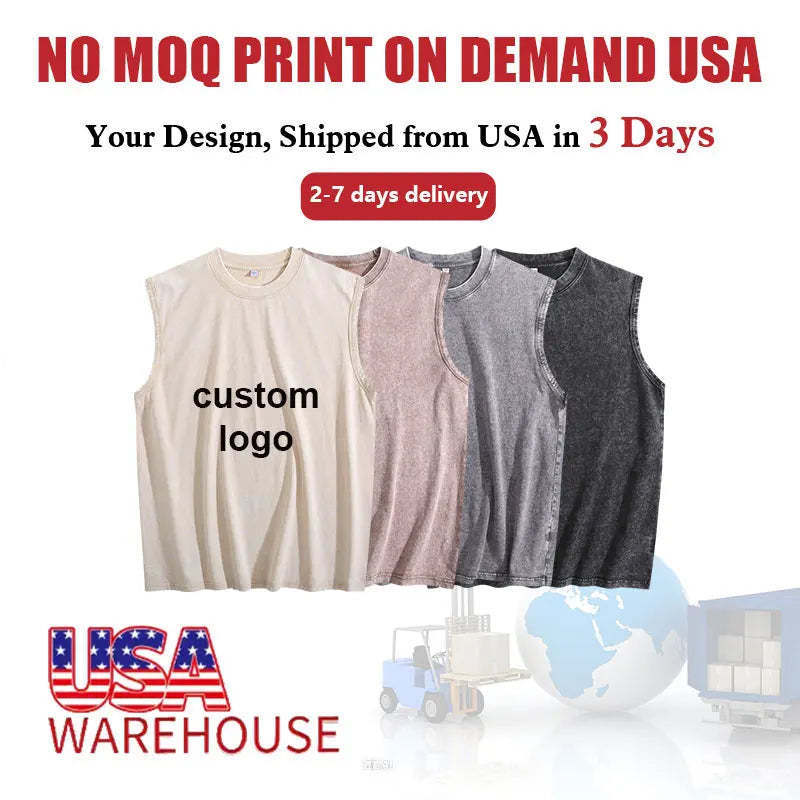 Print on Demand  Dropshipping Sports Gym 210 Gsm Cotton Washed Vintage Sleeveless Men's tank Tops