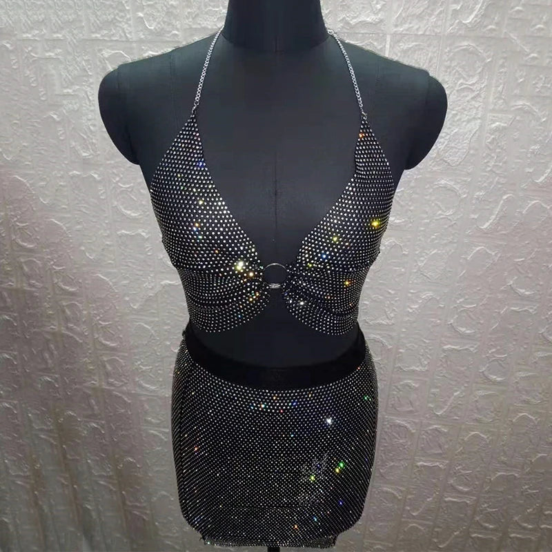 Sexy Rhinestones Fishnet Party Crystal Deep V Crop Top Rhinestone Chainmail Halter Draped Bra Ladies Club Crop Top