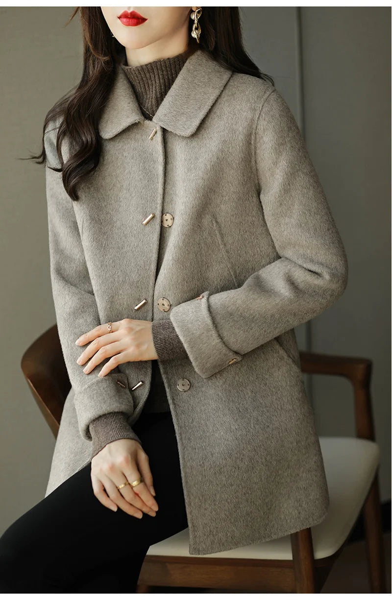 Woolen Coat Slim Fashion Office Lady Square Collar Single Breasted Winter Coats for Women 2023 Wide-waisted Pocket Black Coat