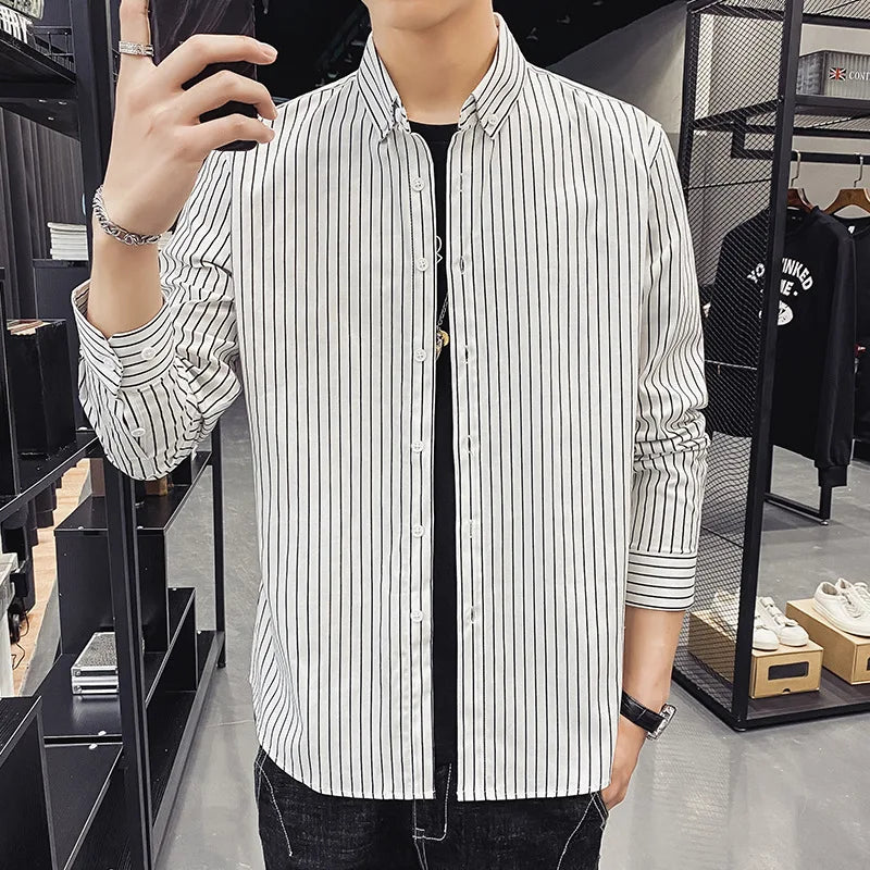 10%OFF M-5XL Korean Version of the New Four Seasons Shirt Youth Men's Business Casual Striped Lapel All-match Top Shirt