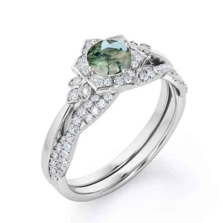 925 Sterling Silver Women's Classic Art Deco Wedding Ring Set 1.25 Carat Moss Agate Prong Setting