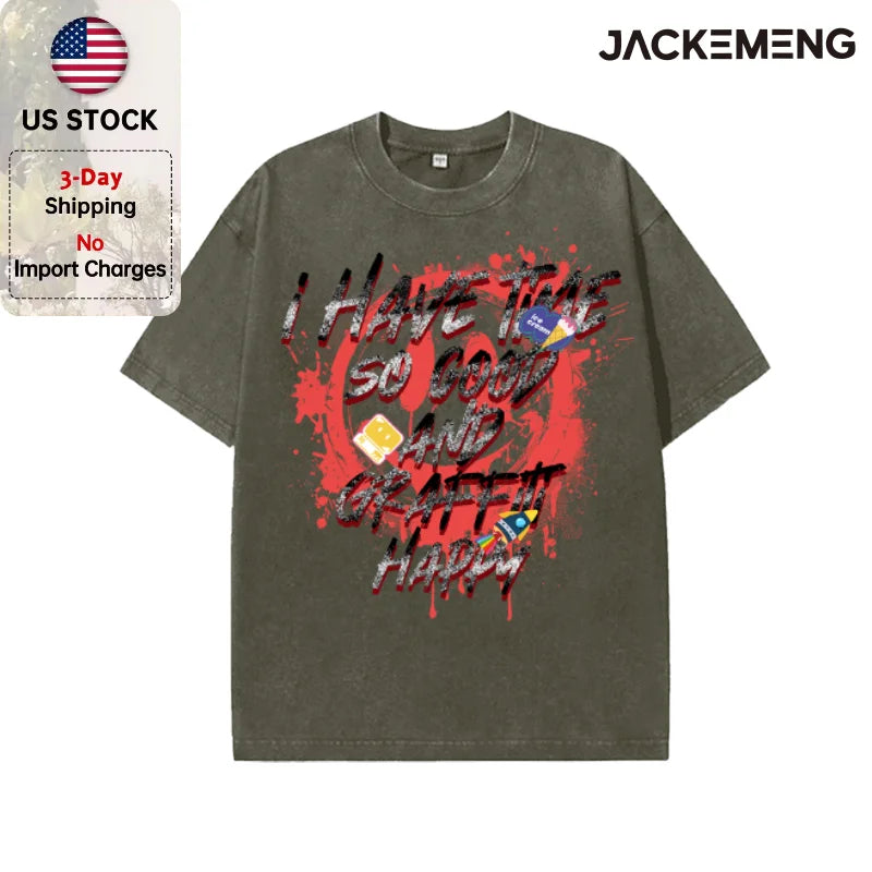 Oversized Washed Retro Graffiti Text Streetwear Print Tshirt USA Stock Wholesale Y2K Casual Tee