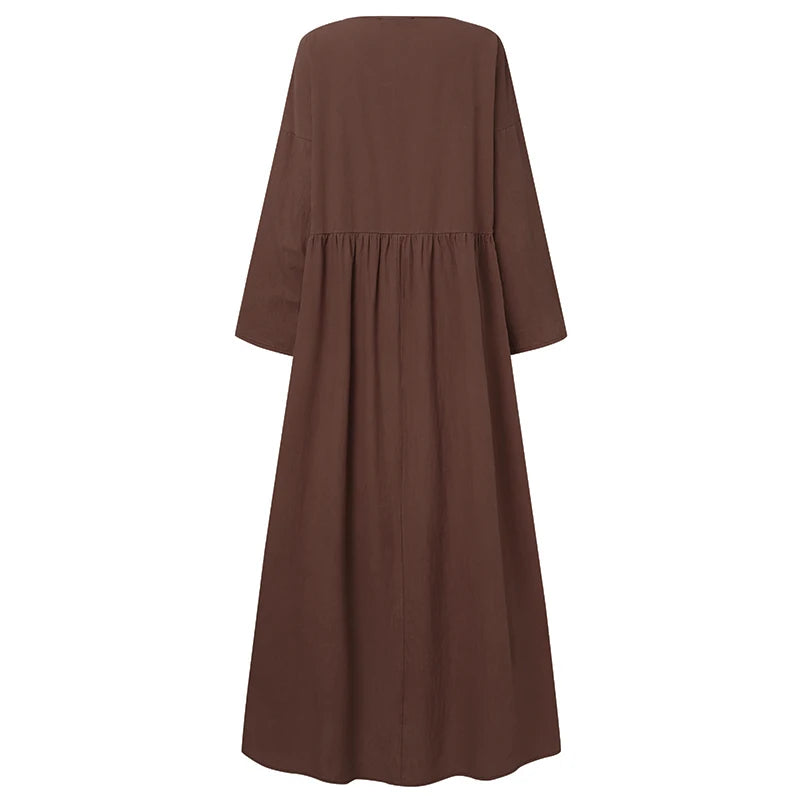 Autumn Women Sundress ZANZEA 2023 Vintage Solid Dresses Female Cotton Robe Casual Long Sleeve Pleated Maxi Vestidos Kaftan